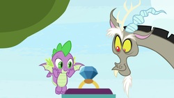 Size: 1920x1080 | Tagged: safe, screencap, discord, spike, dragon, g4, the big mac question, ring, winged spike, wings