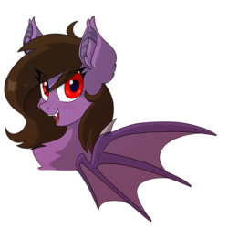Size: 1022x1022 | Tagged: safe, artist:itazurana, oc, oc only, oc:scribble draws, bat pony, pony, bat wings, fangs, female, mare, race swap, red eyes, simple background, smiling, solo, transparent background, wings
