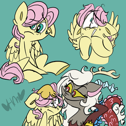Size: 800x800 | Tagged: safe, artist:mirabuncupcakes15, discord, fluttershy, draconequus, pegasus, pony, g4, butterscotch, duo, eris, female, green background, male, rule 63, scared, simple background