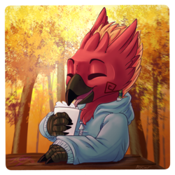 Size: 2500x2500 | Tagged: safe, oc, oc only, oc:arcus, oc:arcus flamefeather, pony, autumn, clothes, coffee, high res, hoodie, solo, tree