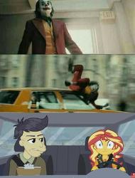 Size: 480x633 | Tagged: safe, edit, screencap, cranky doodle donkey, sunset shimmer, human, driving miss shimmer, equestria girls, equestria girls series, g4, arthur fleck, blazer, car, car accident, clothes, driving miss shimmer: applejack, irl, irl human, joker (2019), joker hit by car, leather, leather vest, pants, photo, shirt, t-shirt, the joker, vest, waistcoat