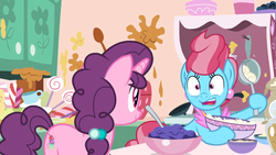 Size: 1600x900 | Tagged: safe, screencap, cup cake, sugar belle, g4, season 9, the big mac question, batter, bowl, cabinet, candy, candy cane, dessert, duo, food, kitchen, ladle, lollipop, mess, mixing bowl, nervous, spoon