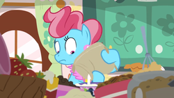 Size: 1600x900 | Tagged: safe, screencap, cup cake, pony, g4, the big mac question, cabinet, female, food, ingredients, kitchen, pouring, solo, strawberry, sugar (food)