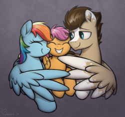Size: 3257x3046 | Tagged: safe, artist:selenophile, rainbow dash, scootaloo, oc, oc:skittle, pegasus, pony, g4, adopted offspring, canon x oc, cute, female, filly, grin, high res, hug, male, mare, parent:rainbow dash, parents:canon x oc, scootadoption, scootalove, skidash, smiling, stallion, straight, winghug