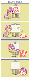 Size: 1000x2575 | Tagged: safe, artist:sazanamibd, kettle corn, earth pony, pony, puffball, g4, 4koma, comic, copy ability, crossover, easel, eaten alive, female, filly, filly prey, inhaling, kirby, kirby (series), mouth hold, paintbrush, running, sucking, transformation, vore, vore transformation