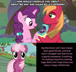 Size: 1280x1213 | Tagged: safe, artist:mlp-silver-quill, edit, edited screencap, screencap, big macintosh, cheerilee, sugar belle, pony, comic:pinkie pie says goodnight, g4, the big mac question, answer, approval, caption, engagement ring, female, friendship, headcanon, i want my beloved to be happy, just friends, male, marriage proposal, message, question, ship:sugarmac, shipping, straight