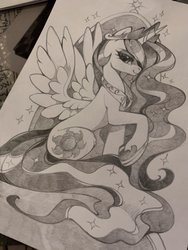 Size: 960x1280 | Tagged: safe, artist:share dast, princess celestia, alicorn, pony, g4, beautiful, crown, cutie mark, ethereal mane, ethereal tail, female, flowing mane, flowing tail, hoof shoes, inktober, inktober 2019, jewelry, lidded eyes, mare, raised hoof, regalia, sketch, smiling, solo, sparkles, spread wings, throne, traditional art