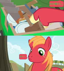 Size: 1600x1796 | Tagged: safe, edit, edited screencap, screencap, big macintosh, earth pony, pony, g4, the big mac question, comic, crosscut saw, dialogue, hammer, male, mallet, orchard, paint can, saw, screencap comic, solo, speech bubble, tools
