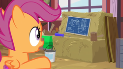 Size: 1600x898 | Tagged: safe, screencap, scootaloo, pony, g4, the big mac question, blueprint, female, hammer, hay, hay bale, lumber, mallet, paint can, plank, screwdriver, solo