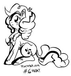 Size: 3322x3551 | Tagged: safe, artist:coco-drillo, pinkie pie, earth pony, pony, g4, content, cracks, expecting, female, high res, inktober, inktober 2019, monochrome, pinktober, ponk, sitting, solo