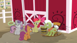 Size: 1600x900 | Tagged: safe, screencap, apple bloom, granny smith, scootaloo, sweetie belle, g4, the big mac question, barn, bucket, bucket of water, cutie mark crusaders, fence, food, levitation, looking up, magic, oh no, pail, pie, rocking chair, shadow, shocked, telekinesis