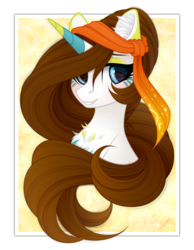 Size: 1280x1646 | Tagged: safe, artist:vird-gi, oc, oc only, pony, unicorn, bandana, bust, chest fluff, colored eartips, colored horn, ear fluff, female, horn, mare, simple background, solo