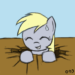 Size: 1000x1000 | Tagged: safe, artist:mmtob3, derpy hooves, pony, g4, the last roundup, cute, derp, derpabetes, eyes closed, female, hole, mare, smiling, solo, sweat, sweatdrop