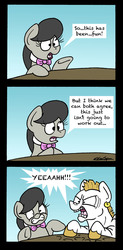 Size: 1311x2665 | Tagged: safe, artist:bobthedalek, bulk biceps, octavia melody, earth pony, pegasus, pony, g4, the big mac question, blind date, bulktavia, comic, date, dialogue, female, gritted teeth, hooves, male, mare, shipping, shipping denied, speech bubble, stallion, startled, yeah!!!!!!!!, yelling