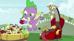 Size: 1920x1080 | Tagged: safe, screencap, discord, spike, dragon, g4, the big mac question, apple, food, winged spike, wings