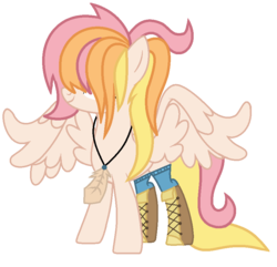 Size: 860x830 | Tagged: safe, artist:nocturnal-moonlight, artist:rukemon, oc, oc only, oc:joyful citrine, pegasus, pony, base used, boots, clothes, commission, feather, female, hair over eyes, jewelry, mare, multicolored hair, necklace, shoes, simple background, socks, solo, transparent background