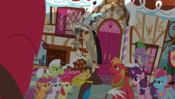 Size: 1600x900 | Tagged: safe, screencap, apple bloom, big macintosh, cup cake, discord, granny smith, scootaloo, spike, sugar belle, sweetie belle, dragon, pony, g4, season 9, the big mac question, apple monster, applesauce, cutie mark crusaders, disappointed, door, faucet, flower, garden, mess, messy, shadow, splatter, sugarcube corner, unamused, upset, winged spike, wings