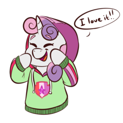 Size: 1280x1280 | Tagged: safe, artist:doodling-is-magic, sweetie belle, pony, unicorn, g4, clothes, cute, dialogue, diasweetes, eyes closed, female, filly, happy, hoodie, open mouth, solo, speech bubble