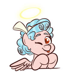 Size: 1280x1280 | Tagged: safe, artist:doodling-is-magic, cozy glow, pegasus, pony, g4, :p, bow, cozybetes, cute, female, filly, hair bow, halo, looking at you, one eye closed, solo, tongue out, wink