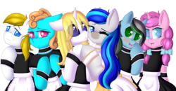 Size: 6550x3400 | Tagged: safe, artist:xcinnamon-twistx, oc, oc:aspen, oc:deadie, oc:frosty, oc:hooklined, pony, :3, apron, blushing, choker, clothes, commission, harem, looking at you, maid, maid cafe, one eye closed, open mouth, smiling, tongue out, wingding eyes, wink, ych result