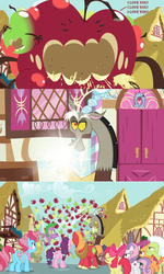 Size: 1600x2664 | Tagged: safe, edit, edited screencap, screencap, apple bloom, big macintosh, cup cake, discord, granny smith, scootaloo, spike, sugar belle, sweetie belle, dragon, g4, the big mac question, apple, apple monster, applesauce, comic, conversion, cutie mark crusaders, dialogue, disappointed, finger snap, flashing lights, food, food monster, fusion, giant apple, house, magic, message, monster, ponyville, screencap comic, spitting, unamused, upset, winged spike, wings