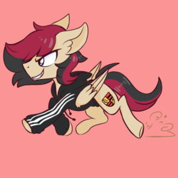 Size: 768x768 | Tagged: safe, artist:epic_gamerhorse, oc, oc only, oc:porsche speedwings, pegasus, pony, >:), adidas, artist in description, cel shading, clothes, dust, ear fluff, fast, folded wings, galloping, hoodie, long sleeves, looking away, male, running, shading, simple background, smiling, smirk, solo, stallion, tan coat, tracksuit, visible cutie mark, wings