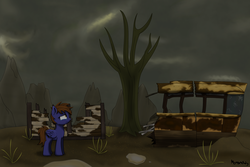 Size: 3000x2000 | Tagged: safe, artist:memeancholy, oc, oc only, oc:dauntless, pegasus, pony, fallout equestria, background focus, detailed background, female, grass, high res, house, mare, mountain, sad, skywagon, solo, standing, tree, wasteland