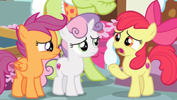 Size: 1600x900 | Tagged: safe, screencap, apple bloom, granny smith, scootaloo, sweetie belle, earth pony, pony, g4, the big mac question, cutie mark crusaders, sad
