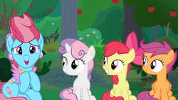 Size: 1600x900 | Tagged: safe, screencap, apple bloom, cup cake, scootaloo, sweetie belle, earth pony, pony, g4, the big mac question, apple, apple tree, cutie mark crusaders, tree