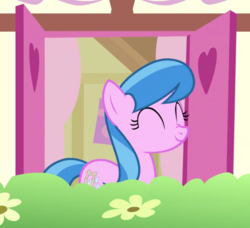 Size: 693x633 | Tagged: safe, screencap, lemonade twirl, earth pony, pony, g4, the big mac question, background pony, cropped, eyes closed, female, mare, nose wrinkle, shutters, smiling, solo, window