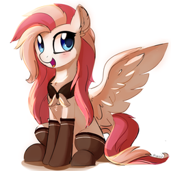 Size: 900x900 | Tagged: safe, artist:aureai, oc, oc only, oc:aureai, pegasus, pony, blushing, chest fluff, clothes, ear fluff, female, fluffy, happy, mare, open mouth, scarf, simple background, sitting, socks, solo, spread wings, white background, wings