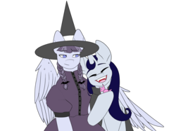 Size: 2732x2048 | Tagged: safe, artist:icicle-niceicle-1517, artist:snows-undercover, color edit, edit, inky rose, moonlight raven, pegasus, pony, unicorn, vampire, g4, candy, cape, clothes, colored, cute, dress, eyes closed, fangs, female, food, halloween, hat, high res, holiday, hug, lesbian, mare, open mouth, ship:inkyraven, shipping, simple background, skirt, transparent background, winghug, witch, witch costume, witch hat