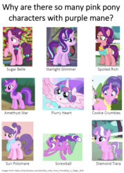 Size: 912x1273 | Tagged: safe, edit, edited screencap, screencap, amethyst star, cookie crumbles, diamond tiara, princess flurry heart, screwball, sparkler, spoiled rich, starlight glimmer, sugar belle, suri polomare, alicorn, earth pony, pony, unicorn, crusaders of the lost mark, g4, hard to say anything, inspiration manifestation, rarity takes manehattan, the crystalling, the cutie map, the return of harmony, clothes, comparison, cropped, female, filly, foal, mare