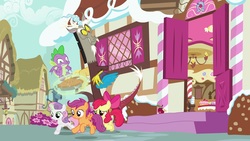 Size: 1920x1080 | Tagged: safe, screencap, apple bloom, discord, scootaloo, spike, sweetie belle, dragon, pony, g4, the big mac question, cutie mark crusaders, food, magic, pie, running, winged spike, wings