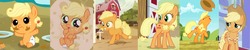 Size: 2492x500 | Tagged: safe, edit, edited screencap, screencap, applejack, earth pony, pony, apple family reunion, g4, going to seed, the last problem, the last roundup, the one where pinkie pie knows, where the apple lies, age progression, apple fritter (food), baby, baby picture, baby pony, babyjack, clothes, cute, diaper, female, fence, filly, filly applejack, foal, food, granny smith's shawl, jackabetes, looking at you, older, older applejack, open mouth, outfit catalog, smiling, solo, sweet apple acres, teenage applejack, teenager, younger