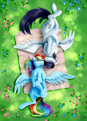 Size: 1860x2574 | Tagged: safe, artist:fixielle, artist:rysunkowasucharia, rainbow dash, soarin', pegasus, pony, g4, blanket, chest fluff, collaboration, duo, female, field, flower, grass, male, mare, nuzzling, on back, ship:soarindash, shipping, snuggling, spread wings, stallion, straight, wings