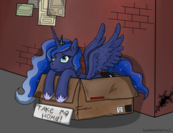 Size: 4800x3714 | Tagged: safe, artist:ambiguous_rufioh, artist:summonerx2, princess luna, alicorn, pony, g4, adoption, box, bronybait, cute, female, homeless, lunabetes, mare, pony in a box, sad, solo, ych result