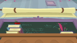 Size: 710x400 | Tagged: safe, screencap, trixie, pony, a horse shoe-in, g4, season 9, animated, book, chalkboard, coughing, dramatic entrance, female, gif, quill, smoke bomb, solo