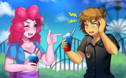 Size: 800x500 | Tagged: safe, artist:tzc, pinkie pie, oc, equestria girls, g4, brain freeze, breasts, busty pinkie pie, cleavage, clothes, food, one eye closed, open mouth, pointing, roller coaster, shaved ice, smiling, theme park, wink
