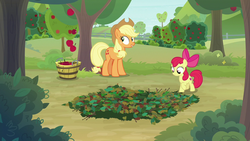 Size: 1280x720 | Tagged: safe, screencap, apple bloom, applejack, earth pony, pony, g4, going to seed, apple, apple tree, leaves, pit trap, tree