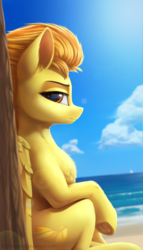 Size: 2000x3500 | Tagged: safe, artist:deltauraart, spitfire, pegasus, pony, g4, beach, chest fluff, cloud, featured image, female, frog (hoof), high res, lens flare, mare, ocean, profile, sitting, sky, solo, tree, underhoof, water