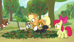 Size: 1280x720 | Tagged: safe, screencap, apple bloom, applejack, winona, cat, dog, earth pony, pony, siamese cat, g4, going to seed, apple, apple tree, collar, dog collar, female, filly, foal, mare, pit trap, tree