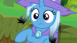 Size: 710x400 | Tagged: safe, screencap, trixie, pony, unicorn, a horse shoe-in, g4, season 9, air quotes, animated, cape, careless, clothes, female, hat, mare, raised eyebrow, reckless, singed, solo, trixie's cape, trixie's hat