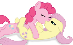 Size: 900x553 | Tagged: safe, artist:theguythataidspeople, fluttershy, pinkie pie, earth pony, pegasus, pony, g4, duo, eyes closed, female, kiss on the lips, kissing, lesbian, mare, ship:flutterpie, shipping, simple background, white background, wingless