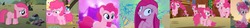 Size: 4392x499 | Tagged: safe, screencap, madame leflour, pinkie pie, sir lintsalot, earth pony, pony, g4, party of one, rainbow roadtrip, the cutie mark chronicles, the last problem, too many pinkie pies, abstract background, clone, cropped, cute, deranged, diapinkes, dust bunny, female, filly, filly pinkie pie, grin, hat, mare, messy mane, microphone, older pinkie pie, party hat, pinkamena diane pie, pinkie clone, pronking, sad, slasher smile, smiling, solo, wall eyed, younger