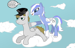 Size: 1117x725 | Tagged: safe, artist:theguythataidspeople, oc, oc:silver, oc:snowball, pegasus, pony, annoying orange, cloud, female, hat, male, mare, speech bubble, stallion, text