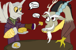 Size: 1000x650 | Tagged: safe, artist:theguythataidspeople, discord, oc, alicorn, draconequus, pony, g4, 1000 hours in ms paint, alicorn oc, cheese, food, hoof hold, plate, ponified, sheogorath, speech bubble, the elder scrolls