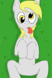 Size: 1000x1500 | Tagged: safe, artist:theguythataidspeople, derpy hooves, pegasus, pony, g4, female, grass, mare, on back, tongue out, wingless