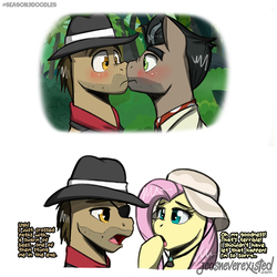Size: 1024x1024 | Tagged: safe, artist:jcosneverexisted, biff, doctor caballeron, fluttershy, pony, daring doubt, g4, biffalleron, blushing, boop, cabiff, clothes, eyepatch, female, gay, hat, henchmen, injured, looking at each other, male, noseboop, scene interpretation, season 9 doodles, shipping, stallion, stallion on stallion, text