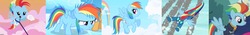 Size: 3444x480 | Tagged: safe, screencap, rainbow dash, pegasus, pony, g4, parental glideance, the cutie mark chronicles, the last problem, age progression, baby, baby dash, clothes, cloud, cloudy, colt, diaper, female, filly, flying, goggles, male, mare, older, older rainbow dash, opening, rainbow, sky, solo, theme song, uniform, wonderbolts, wonderbolts uniform, younger